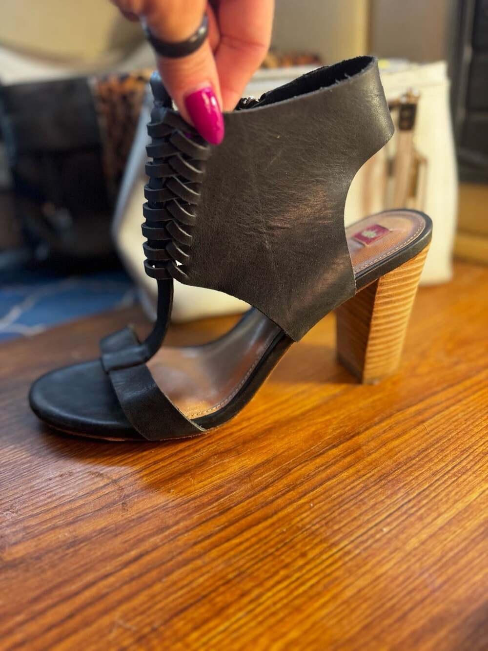 Elaine Turner Black Leather Caged Gladiator Block Heel SandalsSize: 9.5